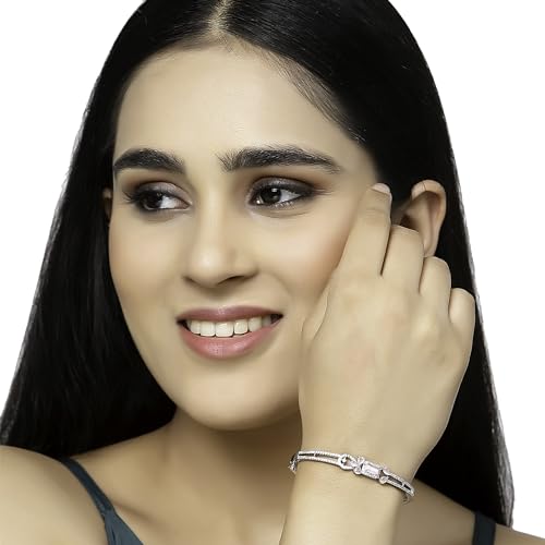 Image of ZENEME Rhodium-Plated American Diamond Studded Flower Patterned Kada Bracelet For Girls and Women