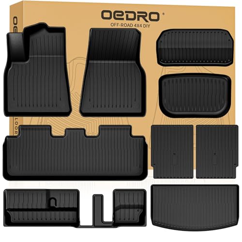 OEDRO Floor Mats Trunk Mat with Backrest Mat for Tesla Model Y 7-Seater 2025-2020 (Not Fit Model Y Junipers) Custom Fit All Weather TPE Automotive Trunk Mats Accessories for Model Y 9 Pcs Mats Set