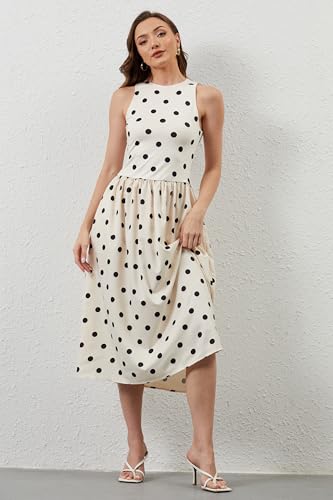 Image of TERIVEEK Women Summer Polka Dots Sleeveless Midi Dress Casual High Neck Patchwork Tank Sundress Boho Flowy Dress with Pockets