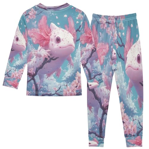Pajama Sets Long Sleeve Kawaii Axolotl Pink Cherry Blossoms Soft Comfy Sleepwear 2 Piece PJS 3-8T3