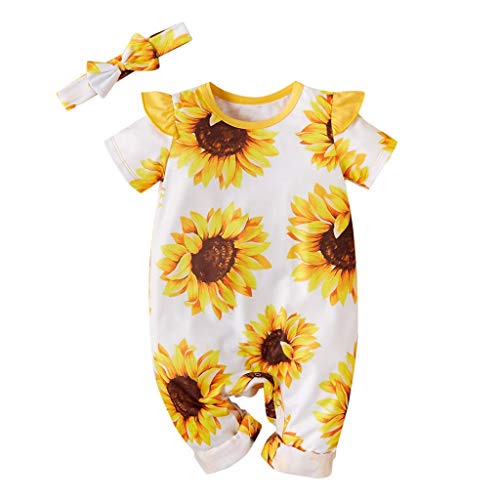 Sameno Toddler Baby Girls Sunflower Romper+Headbands Outfit Set Short Sleeve Instagramable Cotton Jumpsuit 0-2 Years Old