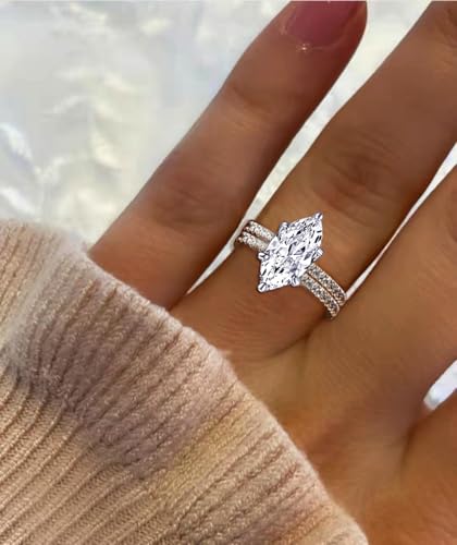 Image of 2 CT Marquise Cut Engagement Travel Rings Set for Women 18K White Gold Plated Fake Wedding Ring Band Promise Rings for Her, Cubic Zicornia Ring 2 PCS, Size 4-11