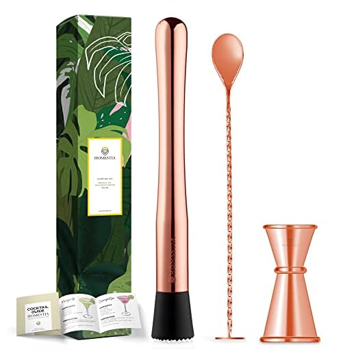 Homestia Copper Muddler for Cocktails Stainless Steel 3 PCS Bar Tools: 8" Drink Muddler, 12" Cocktail Spoon, 1 oz 2 oz Jigger, Mojito Muddler for Drinks, Mini Home Bar Tool Set for Alcohol Beverages