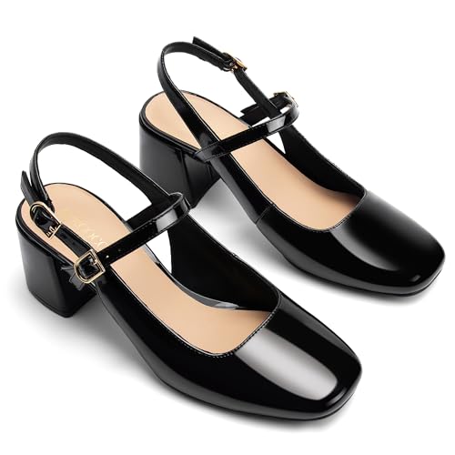 Image of AprCoco Womens Mary Jane Chunky Low Block Heels Pumps Square Toe Buckle Strap Wedding Party Dress Shoes
