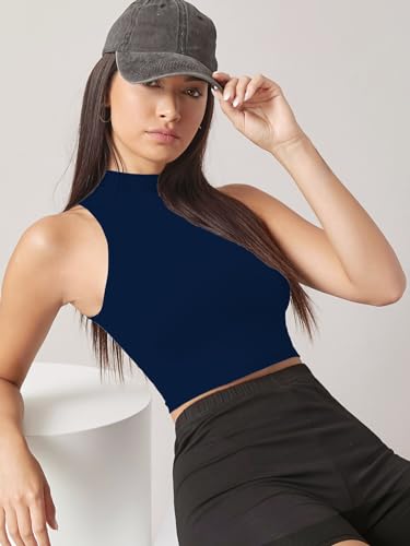 Image of Sugathari Women's & Girls' Solid Ribbed High Neck Sleeveless Crop Tops for Women (Top 37)