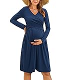 OUGES Womens V-Neck Long Sleeve Floral Maternity Dresses Nursing Gown Breastfeeding Dress(Navy,M)