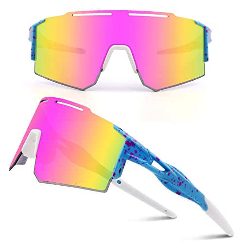 Ukoly Cycling Sunglasses with Interchangeable Nose Pad Men Women, Sports Lightweight Sunglasses, Fishing Baseball Sunglasses, Pink Blue