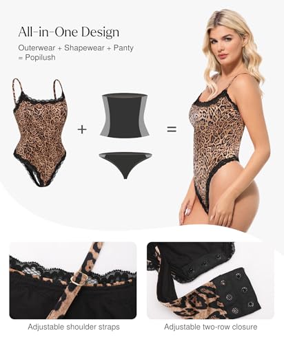 Image of Popilush Lace Body Suits Women - Square Neck Sleeveless Thong Bodysuit Tummy Conotrol Double Lined Camisole Tank Tops