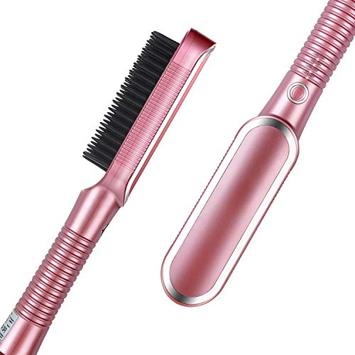USHOW Hair Straightener Brush, 4 Temp Settings & Anti-Scald Hot Comb Hair Straightener Auto-Off Safe, Hair Brush Straightener Comb for Salon (Rose Gold)