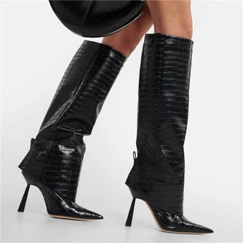 Image of Goolita Fold Over Boots For Women, Pointed Toe Stiletto Heel Knee High Boots Fashion Comfortable Slip On Tall Boots