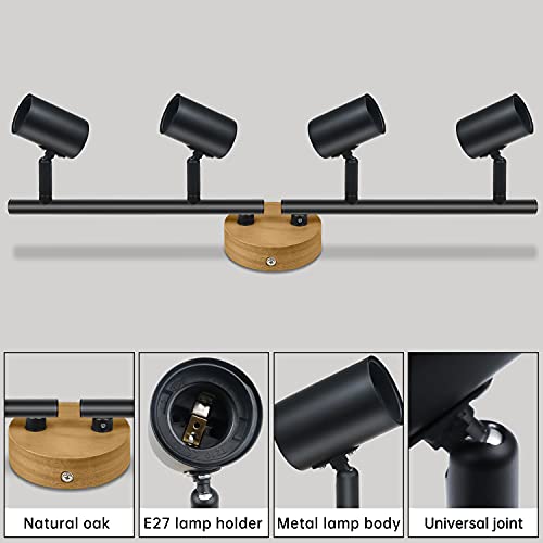 Ketom Plafonnier 4 Spots Orientables E27 Spots de Plafond Rotatif à 350° et Réglable à 90° Intérieur Lampe Murale en Bois Noir Plafond Spot Vintage pour Bureau Salon Hôtel Max 50W (Sans Ampoules) - Image 3