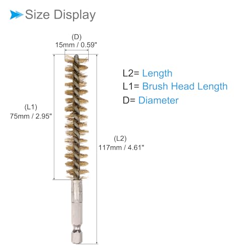 Image of Bore Brush, 15mm Dia 75mm Length, Brass Twisted Cleaning Wire Brushes with 1 /4 inch Hex Shank - (Applications: for Power Drill)