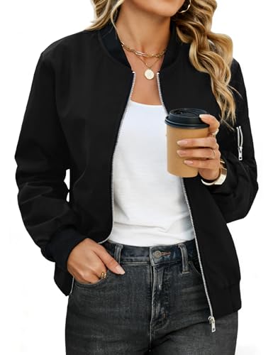 CMTOP Chaqueta Bomber Mujer Abrigo Corta Ligera Piloto Manga Larga con Cremallera Sudadera Casual de Primavera Otoño Blouson Cortavientos Exterior con Bolsillos(Negro, M)