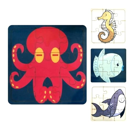 Image of Set of 4 Wooden Jigsaw Puzzles for Toddlers 2+ | 9 Chunky Pieces Each | Ocean Animals Theme | Educational Toy for Fine Motor Skills & Cognitive Development | Safe & Durable Game