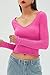 CHYRII Womens Fashion Fall Long Sleeve Tops Ruffled Low Cut Basic Layering Tee Shirts Crop Tops Barbie Pink L