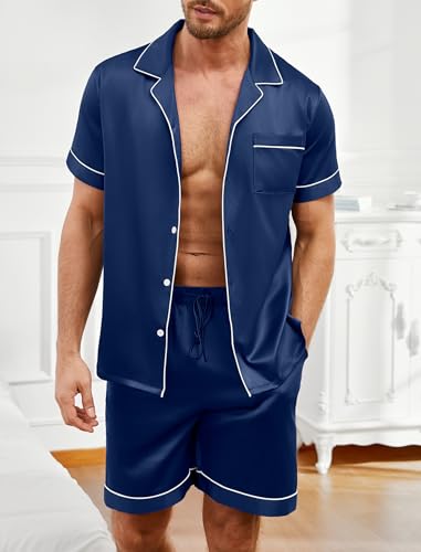 Vssjavun Mens Satin Silk Pajamas Sets Short Sleeve Button-Down Sleepwear Two Piece Loungewear with Pockets