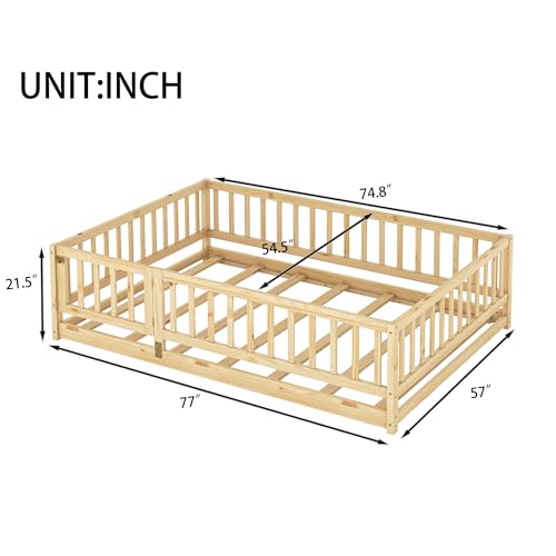Image of Bellemave Full Size Montessori Floor Bed with Door & Slats, Solid Wood Kids Floor Bed Frame with High Safety Fence, Low Profile Bed for Boys & Girls, Natural