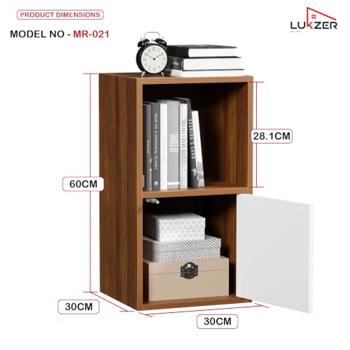 Image of Lukzer 2 Layer Wooden Book Rack /Shelf /Stand | MR-021 /Oak Brown | Multipurpose Storage Cabinet & Bookshelf with Open & Enclosed Shelves | Compact Organizer for Bedroom, Kitchen, Living Room & Office