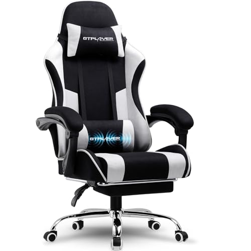 GTPLAYER Silla de Juegos, Silla de Oficina, Silla ergonómica para PC, sillón para Gaming con Soporte de Columna Vertebral de Masaje, sillas de Trabajo con reposapiés y reposacabezas, Tela Blanca