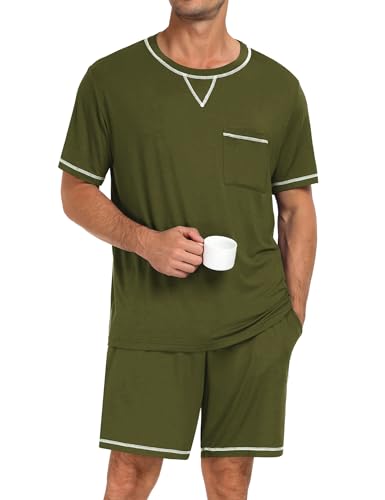 Image of SWOMOG Mens Pajamas Set Summer Sleepwear Short Sleeve Pjs Set Soft 2 Piece Lounge Set Comfy Loungewear with Pockets