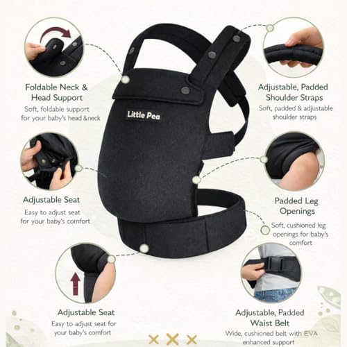 Image of Little Pea All-Day Baby Carrier | Premium Cotton Canvas | Ergonomic Structured Support | All-Day Comfort for Indoor & Outdoor Use | 3-18 kg (3-36 Months) | Black