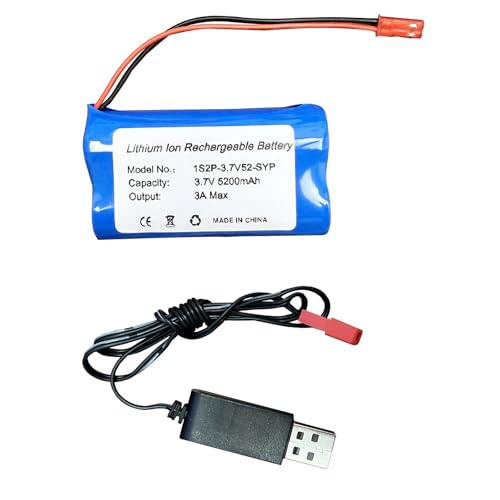 Seasider 3.7V 5200mAh Li-ion Rechargeable Battery with JST 2Pin Red Plug with USB Charger Cable for RC Construction Trucks DIY Electronics, Toys, Lighting, Bluetooth Equipment