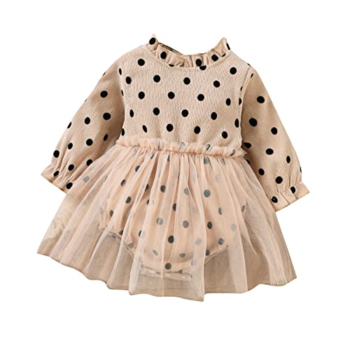 Newborn Baby Girls Tutu Romper Dress Clothes Ruffle Neck Tulle Patchwork Long Sleeve Polka Dot Bodysuit Dress For Infant (Beige Dot, 12-18 Months) #TOP18