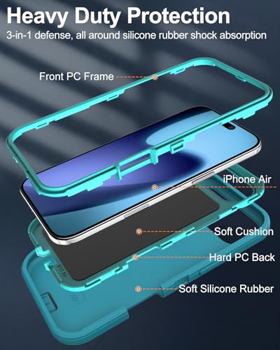 Image of for iPhone Air Case with Port Cover, Rubber Matte Finish, Teal | 3-Layer Heavy Duty Armor, 16ft Drop Protection, Non-Slip Shockproof & Anti-Fingerprint
