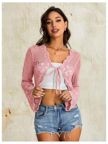 Image of OYOANGLE Women's Crochet Tie Front Sweater Cardigans Bell Sleeve Knitted Cropped Bolero Shrug Cardigan