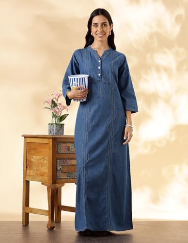 Image of 9shines Label Comfortable Cotton Denim Finish Nightdress for Women with Button Placket and Pocket(9SDLSS)