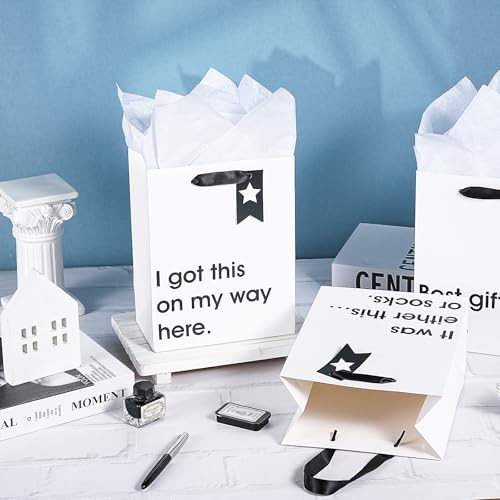 Image of Loveinside Christmas Medium Size Gift Bags Set, Funny Quirky Design with Bold Black Text Pattern with Tissue Paper Perfect for Shopping, Parties, Birthday, Holiday, 4 Pack, 7 inch X 4 inch X 9 inch