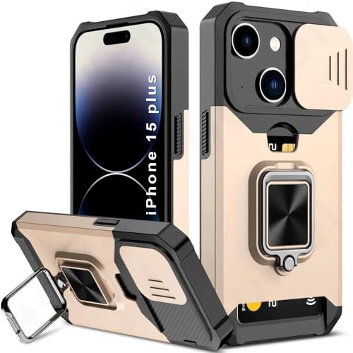 Image of LuxuryKase Shockproof Armor Case for iPhone 15 Plus | Slide Camera Cover | Hidden Card Slot | Rotating Ring Kickstand | Magnetic Car Mount Support | Military Grade Protection - Gold