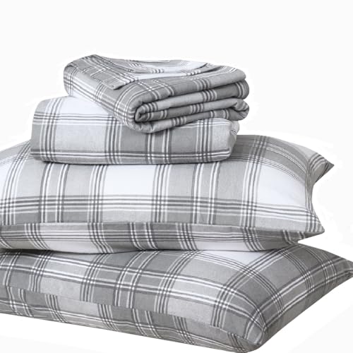 Image of Briarwood Home Printed Flannel Sheet Set, 100% Natural Cotton, Soft, Warm & Deep Pocket, Advanced Nano-Tech Making it Resistance to Pilling; Brushed 6 Times for Softness (Grey Plaid, Queen)