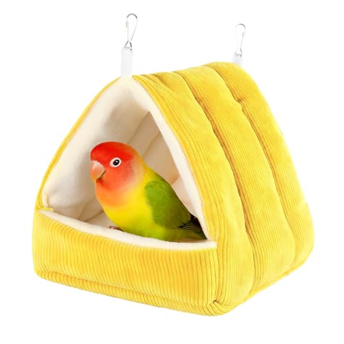 Image of Winter Warm Bird Bed for Cage with Soft Plush Hanging Hammock & Hut Tent, Hideaway Sleeping Nest for Budgies, Cockatiels, Small Animals, and Guinea Pig Hideouts (Yellow, S)