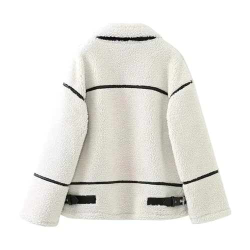 Women Fleece Fur Jacket Warm Comfortable Slim Zip V-Neck Motorcycle Leather Coat3