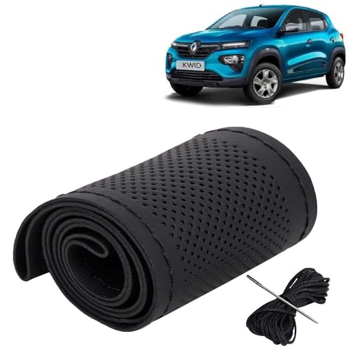 Image of KINGSWAY PU Leatherite Car Steering Cover Sewable Compatible with Renault Kwid (Year 2019 Onwards), Black Color with Black Thread, Pack of 1 with Sewing Needle and Thread
