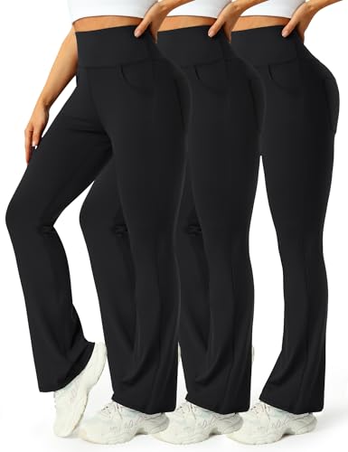 Mlenhor 3 Packs Womens High Waist Flare Pants-Flare Yoga PantsYoga Pants with Pockets - High Waist and Wide Leg (US Alpha X-Large Regular Regular 3 Pack-Black/Black/Black)