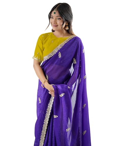 Image of SIRIL Women's Tissue Silk Scalloped Border Embroidery Saree with Unstitched Blouse Piece