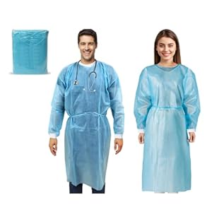 Disposable Isolation Gowns – 50 Pack Level 2 PPE Gowns Disposable – Blue Knee-Length, Non-Woven, for Dental, Medical – Fluid-Resistant and Latex-Free Gowns, Universal Size