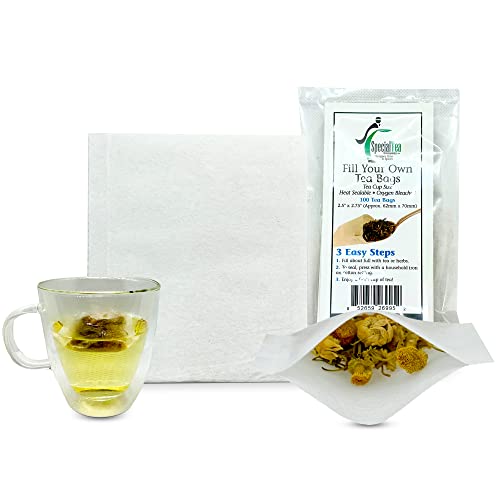 100 Empty Tea Bags 2.5” X 2.75” White Compostable, These Heat Sealable Tea Infuser For Loose Tea Herbs Are Organic Disposable Tea Strainer Bags Made Of Wood (Pulp) Fibers #TOP21