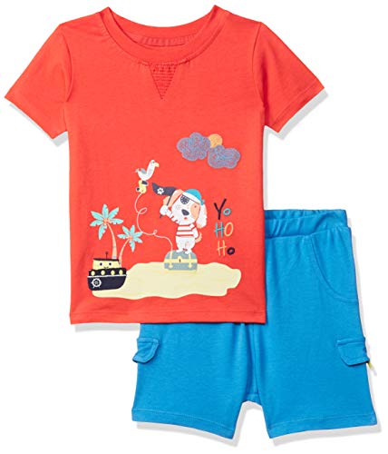 Image of miniklub Boys Red & Blue Printed T-Shirt With Shorts