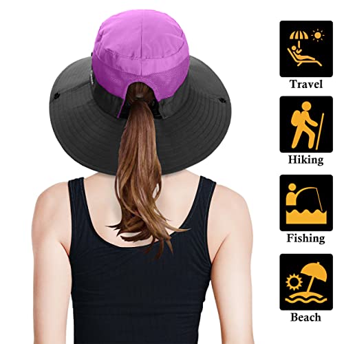 4 Pack Womens Ponytail Summer Sun Hat Uv Protection Foldable Mesh Wide Brim Beach Fishing Cap (4 Pack-Purple＆Watermelon Red＆Sky Blue＆Grey) #TOP1