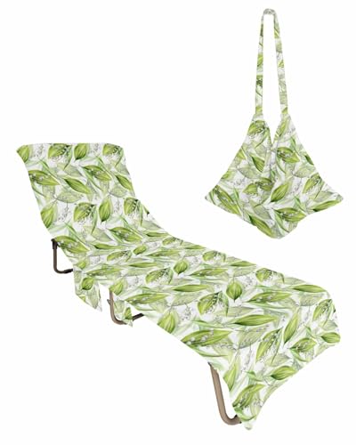 Watercolor Leaves Beach Chair Towel Covers for Chaise Lounge with Side Pocket, Soft Plush Pool Towels Cover for Patio Sunbathing Outdoor 29''x85'' Tropical Botanical Floral Green White