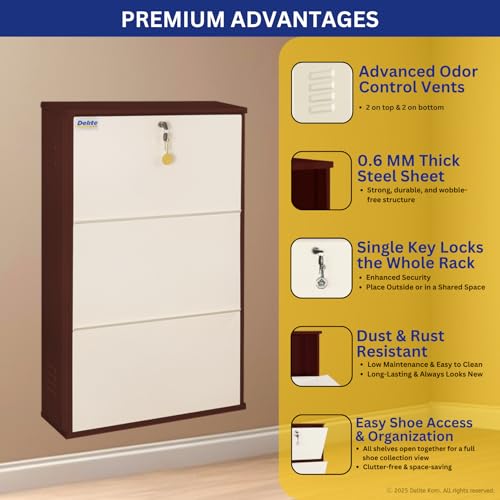 Image of DELITE KOM 24 inch Wide, 6 Shelf Metal Shoe Rack Wall Mounted for Home with Central Lock Holds Upto 18 Shoes or 30 Slippers Pair | Double Decker, 1 Yr Warranty, (41x24x8, Coffee Ivory), DIY, Space Saver