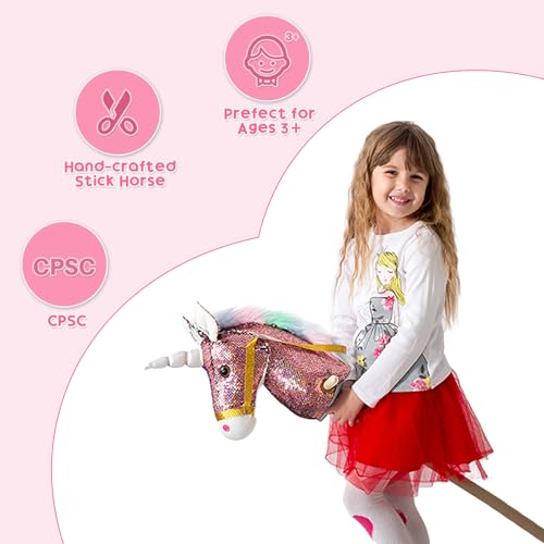 HollyHOME Sequin Unicorn Stick Horse Handcrafted Hobby Horse on a Stick with Wood Wheels Real Pony Neighing and Galloping Sounds Plush Unicorn Toy Pink 36 Inches(AA Batteries Required) - Image 6