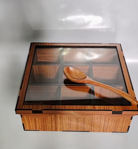 Image of Shyre Wooden Masala Box (6 Detachable Container Rectangular) Antique Lock & Spoon|Spice-Fit Tabletop Glass Lid | Multipurpose Dry Fruit |Kitchen Masala Dani(Handcraft Sheesham Wood, Brown)