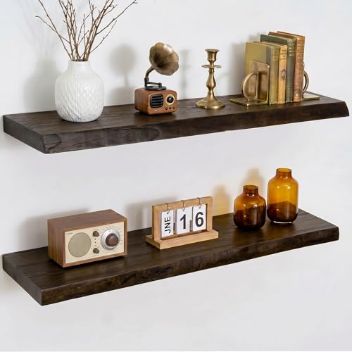 Image of Dreamland Rustic Elm Woood Floating Shelves for Wall Decor, Live Edge 30 inch W x 8 inch D H Floating Shelves Set of 2, Wall Mounted Deep Wooden Shelf for Living Room, Bedroom, Kitchen, Bathroom, Walnut