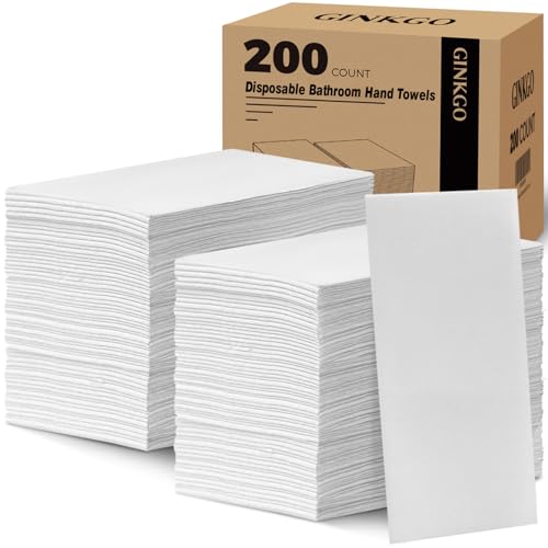 GINKGO 200 Pack Disposable Linen-Feel Guest Hand Towels Thick & Absorbent Paper Hand Napkins Cloth-Like Bathroom Towels for Everyday Wedding Party & Kitchen White