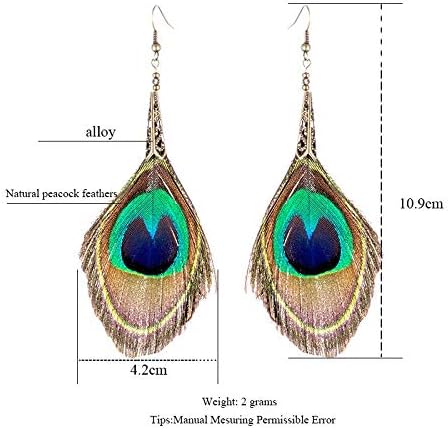 Vista 2 de DQH - Pendientes de gota para mujer, grandes, largos, naturales, de plumas de pavo real, bohemio, étnico, a la moda, colgantes, para boda, fiesta