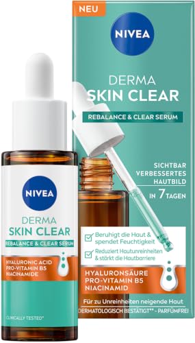 NIVEA Derma Skin Clear Rebalance & Clear Serum, Gesichtspflege fĂĽr ein sichtbar verbessertes Hautbild, feuchtigkeitsspendendes Hyaluron Serum mit Niacinamid (30 ml)